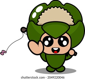 vector cartoon character illustration cute vegetable cauliflower mascot costume with fishing rod