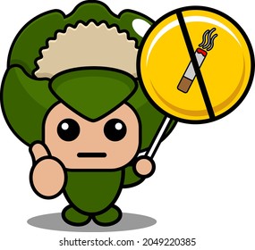 vector cartoon character illustration cute vegetable cauliflower mascot costume holding no smoking sign