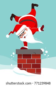 Vector cartoon character illustration of cute funny Santa Claus doing a handstand on chimney. Humorous Christmas winter holiday greeting card design element in contemporary flat style.