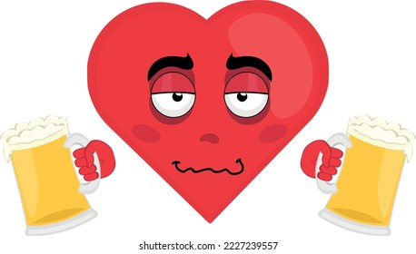 vector cartoon character illustration of a drunk heart with beers in their hands