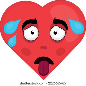 vector cartoon character illustration of an exhausted heart, with his tongue hanging out and drops of sweat falling from his head