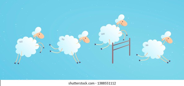 Vector cartoon character illustration. Flock of sheep with numbers running and jumping over a fence on blue. Cute smiling lambs. Concept of trying to sleep, counting sheeps, insomnia, sleep disorders.