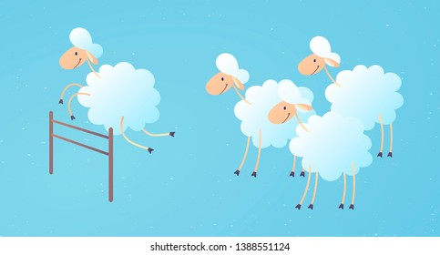 Vector cartoon character illustration. Flock of sheep jumping over a fence on blue. Cute smiling ewe. Concept of trying to sleep, counting sheeps, insomnia, sleep disorders, baby sleep, dream, relax.