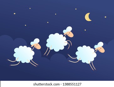 Vector cartoon character illustration. Flock of sheeps flying and jumping in night sky background with cloud, stars, moon. Concept of trying to sleep, counting sheeps, insomnia, baby sleep, dream.