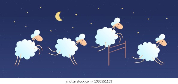 Vector cartoon character illustration. Flock of sheeps flying and jumping over a fence in night sky background with cloud, stars, moon. Concept of counting sheeps, insomnia, baby sleep, dream, relax.