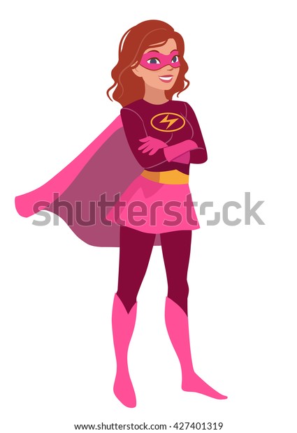 スーパーヒーローの衣装を着て 腕を組んで立ち 現代の平らなスタイルでスーパーヒーローの衣装を着た 自信に満ちた若い白人女性 を描いた ベクター漫画のキャラクターイラスト のベクター画像素材 ロイヤリティフリー
