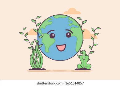 vector cartoon character illustration happy earth with nature floral vegetation element and item forest. go green save earth planet concept. background, website, web, blog, presentation, print, banner