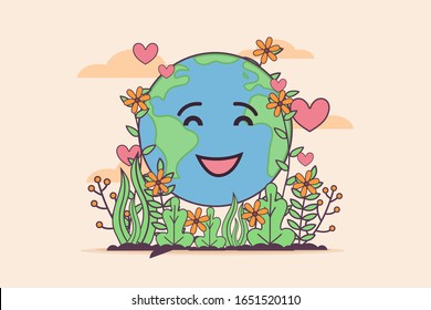 vector cartoon character illustration happy chreerful loving earth with nature floral element. save earth planet concept. go green nature character. background poster banner print presntation