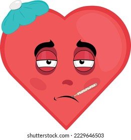 vector cartoon character illustration of a heart, sick, with a bag of water on his head and a thermometer in his mouth
