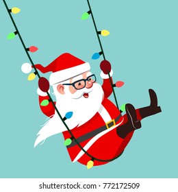 Vector cartoon character illustration of Santa Claus swinging on a string of colorful Christmas lights, isolated on aqua blue background. Funny humorous Christmas holiday design element in flat style.