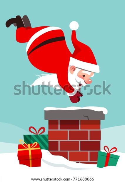 空中の屋根にサンタクロース 煙突に飛び込み 雪の中にギフトボックスが横たわるベクターアニメのキャラクターイラスト おかしなユーモラスなクリスマスホリデーデザインエレメントが 平らなスタイルです のベクター画像素材 ロイヤリティフリー