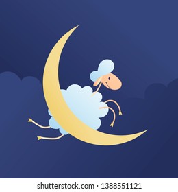 Vector cartoon character illustration. A sheep jumping over a moon on night cloud background. Cute smiling lamb. Concept of trying to sleep, counting sheeps, insomnia, baby sleep, dream, relax.