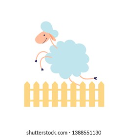 Vector cartoon character illustration. A sheep jumping over a fence on white. Cute smiling lamb. Concept of trying to sleep, counting sheeps, insomnia, sleep disorders, baby sleep, dream, relax.