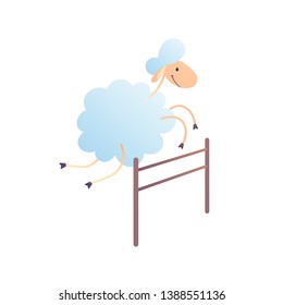 Vector cartoon character illustration. A sheep jumping over a fence on white. Cute smiling ewe. Concept of trying to sleep, counting sheeps, insomnia, sleep disorders, baby sleep, dream, relax.