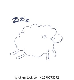 Vector cartoon character illustration. Sleepy zzz text on simple jumping sheep with closed eye on white background. Design concept about sleep, dream, relax, insomnia.