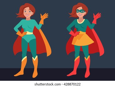 Ilustração de personagem de desenho animado vetorial de uma jovem sorridente vestindo traje de super-herói, de pé, acenando com um olá. Estilo contemporâneo plano em cores retrô brilhantes isoladas em fundo escuro.