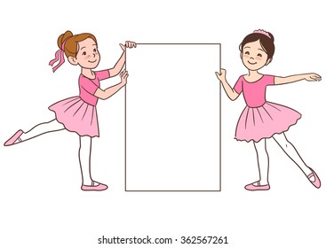 Vector cartoon character illustration of two cute little ballerina girls dressed in pink leotards and tutus, holding a blank sign template. Multicultural Caucasian and Asian girls  in ballet positions