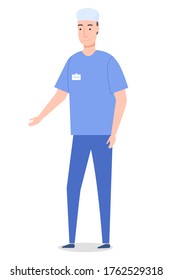 Vector cartoon character isolated at white. Surgeon wearing medical suit gesture hand. Medical staff, worker. Professional medical specialist with badge gesticulating. Medical concept, flat style