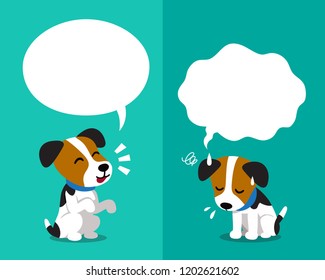 Vector cartoon character jack russell terrier dog expressing different emotions with speech bubbles for design.