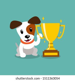 Vector cartoon character jack russell terrier dog holding gold trophy cup award for design.