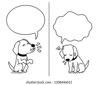 Vector cartoon character labrador dog expressing different emotions with speech bubbles for design.