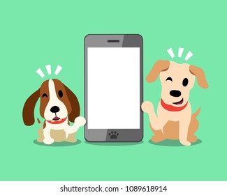 Vector cartoon character labrador and hound dog with smartphone for design.