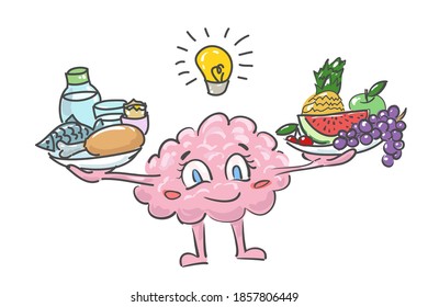 Caricatura vectorial con un contorno lineal. Un personaje en forma de cerebro alegre con un plato de fruta en una mano y un plato de carne, pescado, leche, huevos. Cerebro y nutrición, vegetarismo.