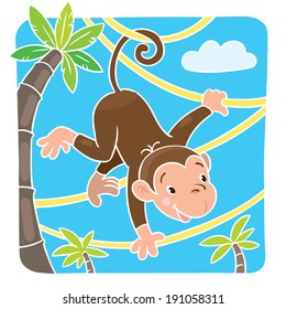 Vector cartoon character of little funny monkey on vines near the palm. Children illustration