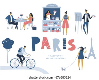 Vector Cartoon Character. Locals Of Paris. Travel Poster. Lovers, Artist, Young Woman With Dog, Bicyclist, Flower Seller. Flat Design, White Isolated 