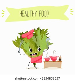 Vector cartoon character lollo rossa salad, frisee funny vegetable. Farm fresh harvest, agriculture organic veggie or vegetarian food ripe product. 
