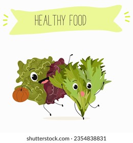 Vector cartoon character lollo rossa salad, frisee funny vegetable. Farm fresh harvest, agriculture organic veggie or vegetarian food ripe product. 
