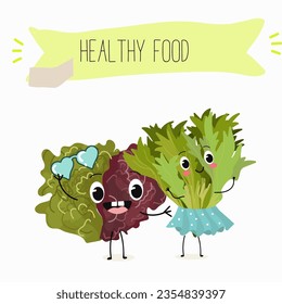 Vector cartoon character lollo rossa salad, frisee funny vegetable. Farm fresh harvest, agriculture organic veggie or vegetarian food ripe product. 
