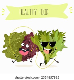 Vector cartoon character lollo rossa salad, frisee funny vegetable. Farm fresh harvest, agriculture organic veggie or vegetarian food ripe product. 
