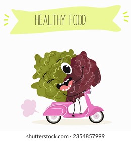 Vector cartoon character lollo rossa salad, frisee funny vegetable. Farm fresh harvest, agriculture organic veggie or vegetarian food ripe product. 
