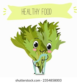 Vector cartoon character lollo rossa salad, frisee funny vegetable. Farm fresh harvest, agriculture organic veggie or vegetarian food ripe product. 
