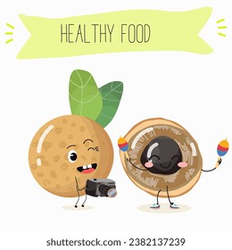 Vector cartoon character longan, funny vegetables, fruits. Fresh harvest, exotic, organic, vegetarian products, children's birthday, price tag, sticker.