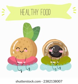 Vector cartoon character longan, funny vegetables, fruits. Fresh harvest, exotic, organic, vegetarian products, children's birthday, price tag, sticker.