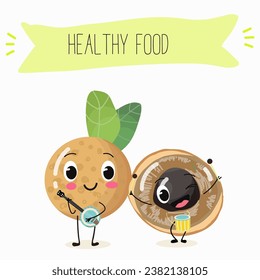 Vector cartoon character longan, funny vegetables, fruits. Fresh harvest, exotic, organic, vegetarian products, children's birthday, price tag, sticker.