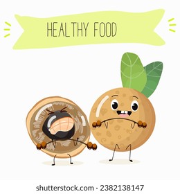 Vector cartoon character longan, funny vegetables, fruits. Fresh harvest, exotic, organic, vegetarian products, children's birthday, price tag, sticker.