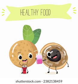 Vector cartoon character longan, funny vegetables, fruits. Fresh harvest, exotic, organic, vegetarian products, children's birthday, price tag, sticker.