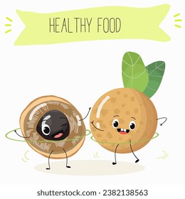 Vector cartoon character longan, funny vegetables, fruits. Fresh harvest, exotic, organic, vegetarian products, children's birthday, price tag, sticker.