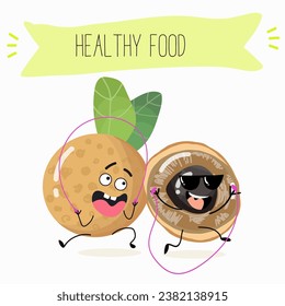 Personaje de dibujos animados de vectores longan, verduras graciosas, frutas. Cosecha fresca, exótica, orgánica, productos vegetarianos, cumpleaños infantil, etiqueta de precio, pegatina.