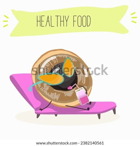 Vector cartoon character longan, funny vegetables, fruits. Fresh harvest, exotic, organic, vegetarian products, children's birthday, price tag, sticker.