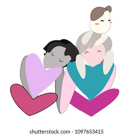 Vector cartoon character. Male couple and son and heart symbol on white background. They sat shook hands.Happy father day.