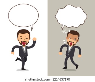 Vector cartoon character man expressing different emotions with speech bubbles for design.