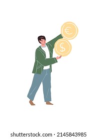 Personaje de dibujos animados vectores sostiene monedas-métodos modernos de transferencia de dinero y cambio de divisas, envío y recepción de fondos, concepto de transacciones financieras, diseño de sitios web y banners