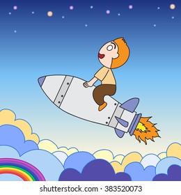 vector cartoon character man riding rocket