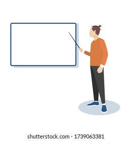 Caricatura vectorial de un hombre de pie en una pizarra blanca con un puntero en la mano. Dibujado en estilo plano para el diseño de negocios y conceptos educativos. Maestro o estudiante masculino en la pizarra