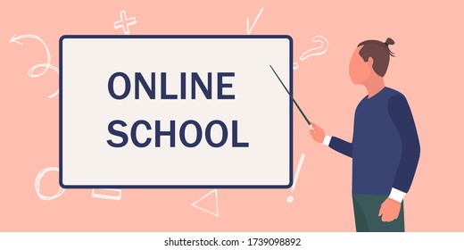 Vector cartoon character of a man standing at the blackboard with a pointer in his hand. Online School is written on the blackboard. Flat style banner for online school design, educational concepts.