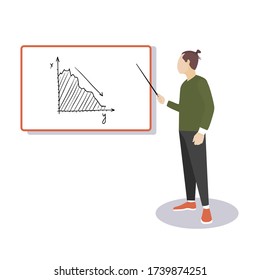 Vector cartoon character of a man standing at a white board with a pointer in his hand. Drawn in flat style for business design and educational concepts. Male teacher or student at the blackboard svg